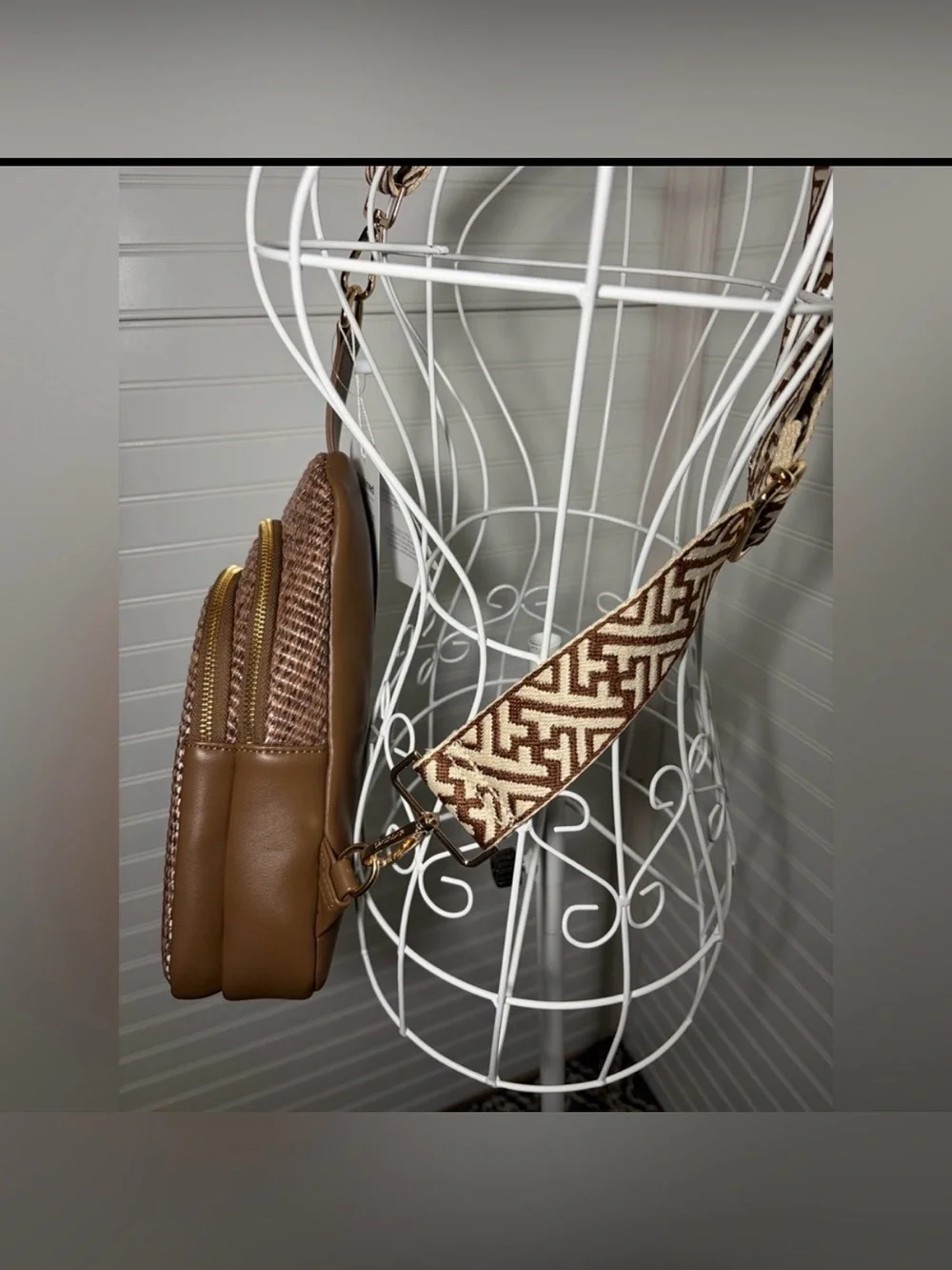 Boutique- Vegan Brown Woven Crossbody Sling Bag with Patterned Strap